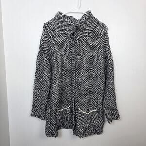 Eileen Fisher White Black Chunky Knit‎ Snap Button Up Organic Cotton Sweater XS